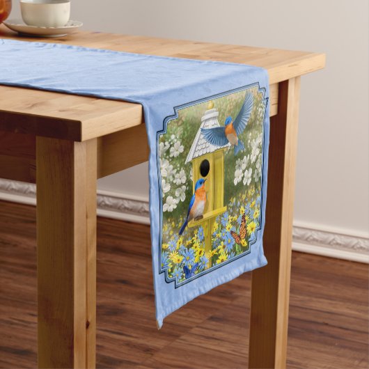 Blauwvogels en Hexagon Birdhouse Blue Medium Tafelloper (Voorbeeld)