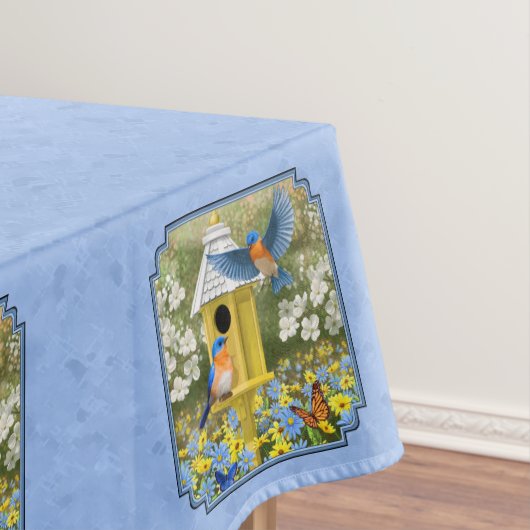 Blauwvogels en Hexagon Birdhouse Blue Tafelkleed (Voorbeeld)