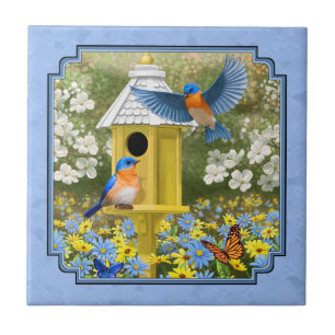 Blauwvogels en Hexagon Birdhouse Blue Tegeltje