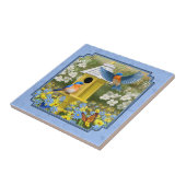 Blauwvogels en Hexagon Birdhouse Blue Tegeltje (Zijkant)