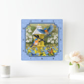 Blauwvogels en Hexagon Birdhouse Blue Vierkante Klok (Huis)