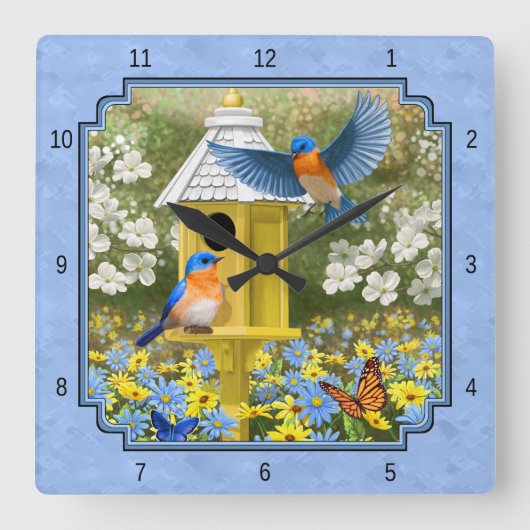 Blauwvogels en Hexagon Birdhouse Blue Vierkante Klok (Voorkant)