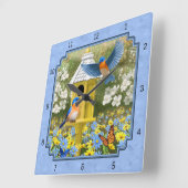 Blauwvogels en Hexagon Birdhouse Blue Vierkante Klok (Hoek)
