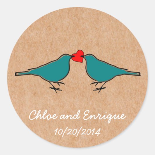 Blauwvogels en liefde hart bruiloft ronde sticker (Voorkant)
