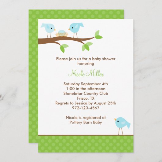Blauwvogels en Nest Baby shower Kaart (Voorkant / Achterkant)