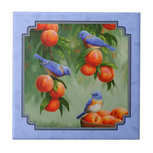 Blauwvogels en perziken Blauw Tegeltje (Voorkant)