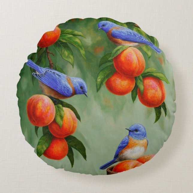 Blauwvogels en perziken rond kussen (Voorkant)