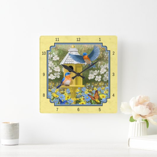 Blauwvogels en rondvogels Geel Vierkante Klok (Huis)