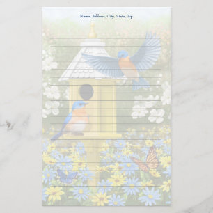 Blauwvogels en Tall Yellow Birdhouse Briefpapier