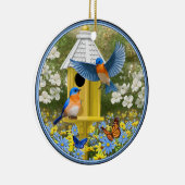 Blauwvogels en Tall Yellow Birdhouse Keramisch Ornament (Rechts)