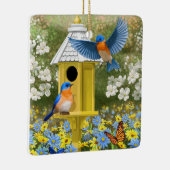 Blauwvogels en Tall Yellow Birdhouse Keramisch Ornament (Rechts)