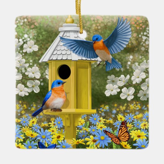 Blauwvogels en Tall Yellow Birdhouse Keramisch Ornament (Voorkant)