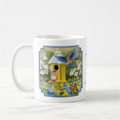 Blauwvogels en Tall Yellow Birdhouse Koffiemok (Links)