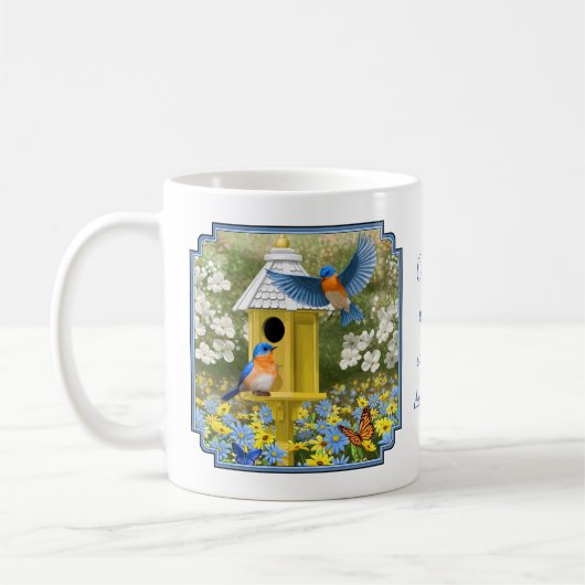 Blauwvogels en Tall Yellow Birdhouse Koffiemok (Links)