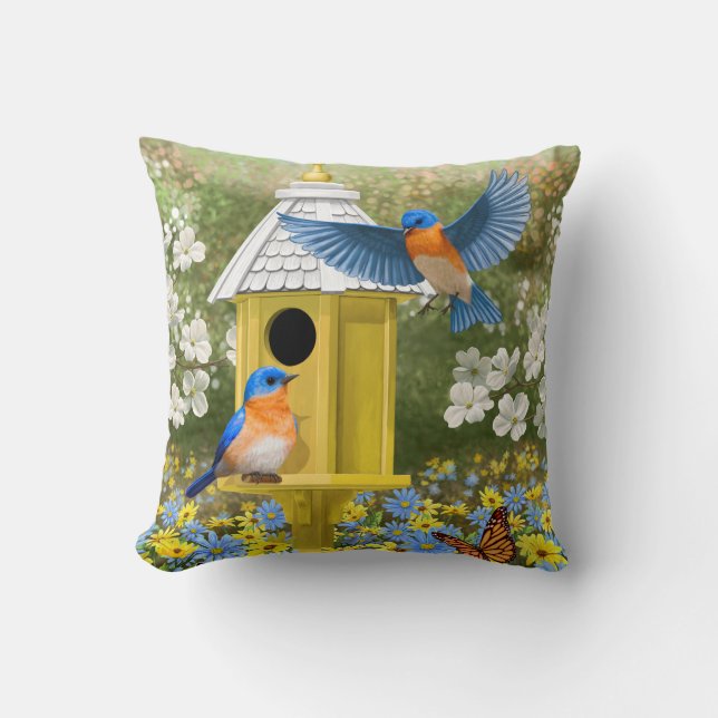 Blauwvogels en Tall Yellow Birdhouse Kussen (Voorkant)
