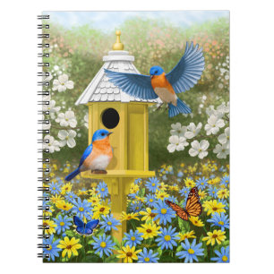 Blauwvogels en Tall Yellow Birdhouse Notitieboek