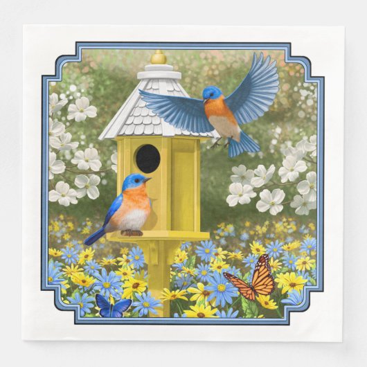 Blauwvogels en Tall Yellow Birdhouse Servetten (Voorkant)