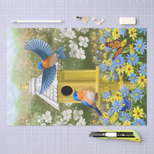 Blauwvogels en Tall Yellow Birdhouse Tissuepapier (Craft)