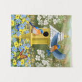 Blauwvogels en Tall Yellow Birdhouse Wandkleed (Voorkant (horizontaal))