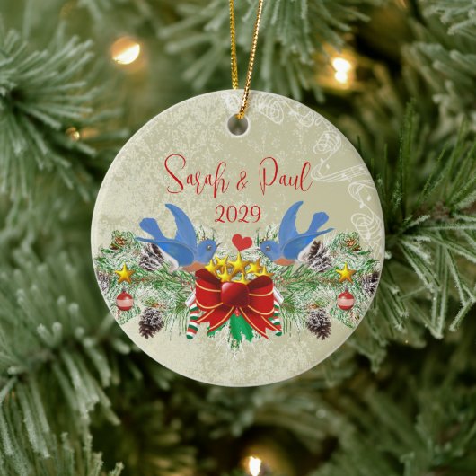 Blauwvogels Garland Pinecones Kerstmis en Foto Keramisch Ornament (Boom)