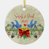 Blauwvogels Garland Pinecones Kerstmis en Foto Keramisch Ornament (Voorkant)