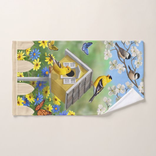 Blauwvogels Goldfinches Birdhouses Flower Garden Bad Handdoek (Handdoek)