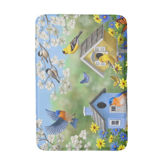 Blauwvogels Goldfinches Birdhouses Flower Garden Badmat (Voorkant Verticaal)