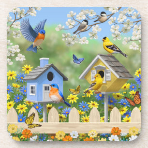 Blauwvogels Goldfinches Birdhouses Flower Garden Bier Onderzetter