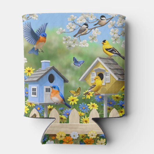 Blauwvogels Goldfinches Birdhouses Flower Garden Blikjeskoeler (Achterkant)