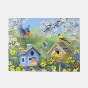 Blauwvogels Goldfinches Birdhouses Flower Garden Deurmat