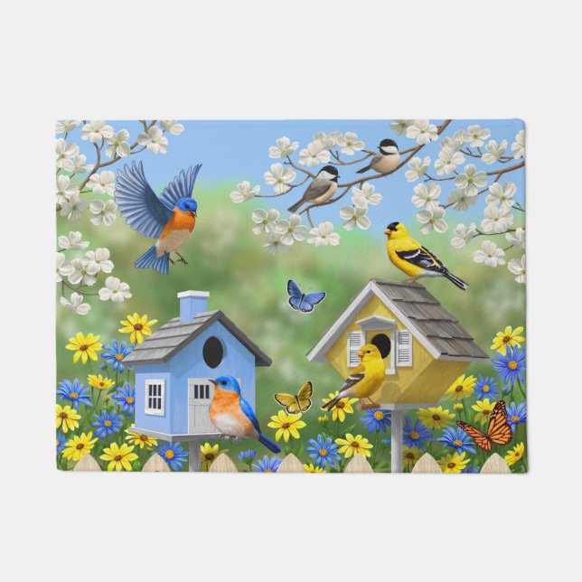 Blauwvogels Goldfinches Birdhouses Flower Garden Deurmat (Voorkant)