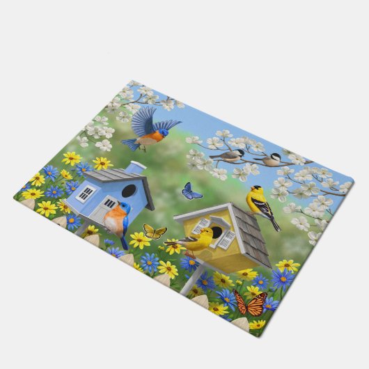 Blauwvogels Goldfinches Birdhouses Flower Garden Deurmat (Schuin)