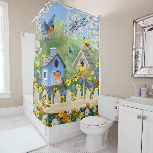 Blauwvogels Goldfinches Birdhouses Flower Garden Douchegordijn (In situ)
