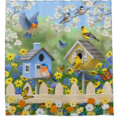 Blauwvogels Goldfinches Birdhouses Flower Garden Douchegordijn (Voorkant)
