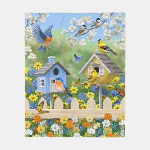 Blauwvogels Goldfinches Birdhouses Flower Garden Fleece Deken