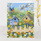 Blauwvogels Goldfinches Birdhouses Flower Garden Kaart (Gele Bloem)