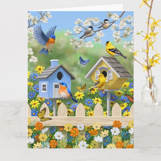 Blauwvogels Goldfinches Birdhouses Flower Garden Kaart (Gele Bloem)