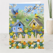 Blauwvogels Goldfinches Birdhouses Flower Garden Kaart (Voorkant)