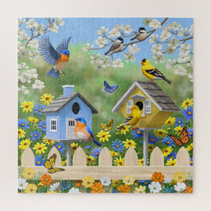 Blauwvogels Goldfinches Birdhouses Flower Garden Legpuzzel