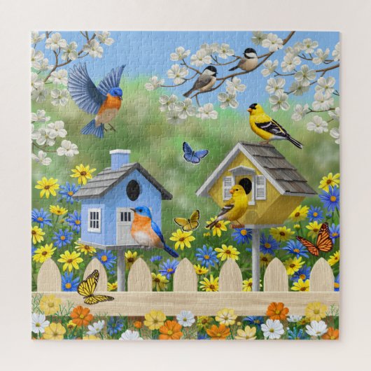 Blauwvogels Goldfinches Birdhouses Flower Garden Legpuzzel (Verticaal)
