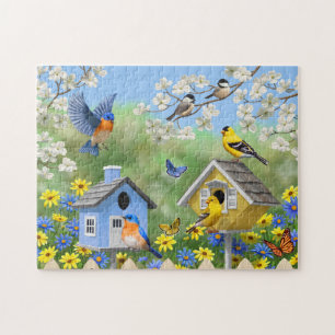 Blauwvogels Goldfinches Birdhouses Flower Garden Legpuzzel