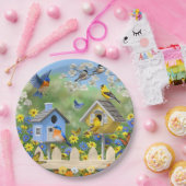 Blauwvogels Goldfinches Birdhouses Flower Garden Papieren Bordje (Feest)