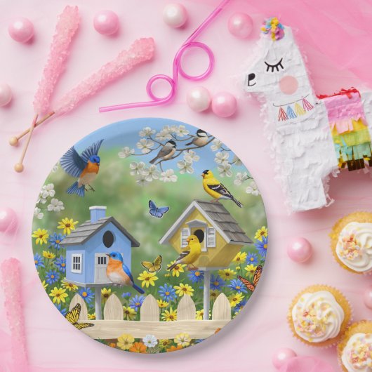 Blauwvogels Goldfinches Birdhouses Flower Garden Papieren Bordje (Feest)