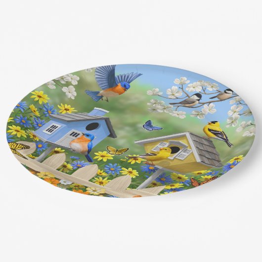 Blauwvogels Goldfinches Birdhouses Flower Garden Papieren Bordje (Gekanteld)
