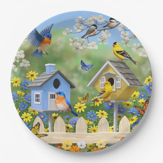 Blauwvogels Goldfinches Birdhouses Flower Garden Papieren Bordje (Voorkant)
