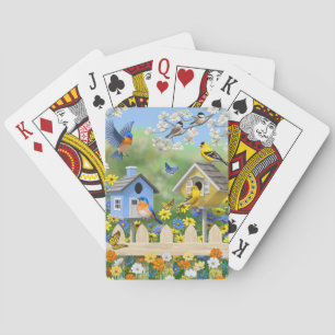 Blauwvogels Goldfinches Birdhouses Flower Garden Pokerkaarten