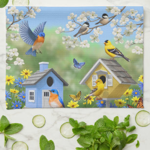 Blauwvogels Goldfinches Birdhouses Flower Garden Theedoek