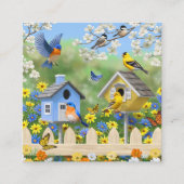 Blauwvogels Goldfinches Birdhouses Flower Garden Vierkante Visitekaartje (Voorkant)