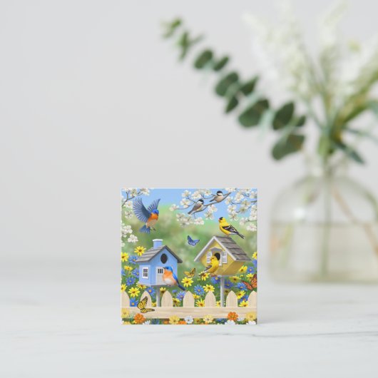 Blauwvogels Goldfinches Birdhouses Flower Garden Vierkante Visitekaartje (Staand voorkant)