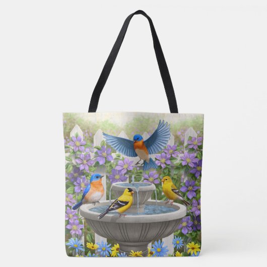 Blauwvogels Goldfinches en fontain Birdbat Tote Bag (Voorkant)
